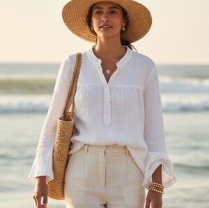 EUC J.Crew Re-Imagined White Cotton Gauze Henley Top M Coastal Grandma!
